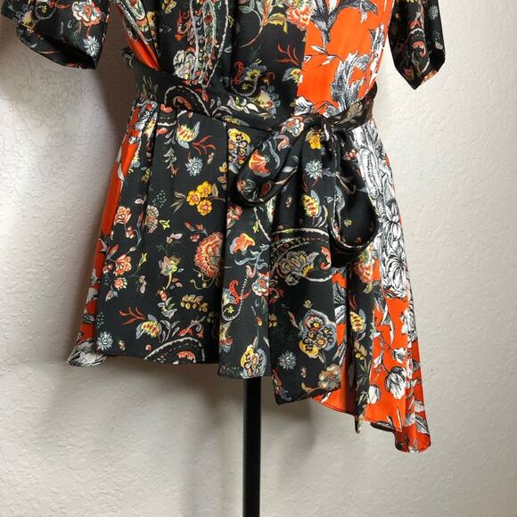 Zara red orange black white floral tie waist asymmetrical hem top size Medium - Picture 5 of 16